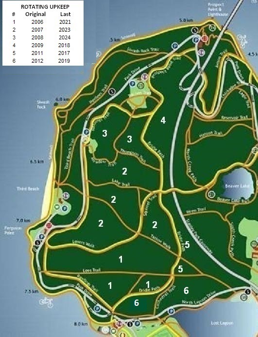 Stanley Park Invasive Plants - map of shedules for English Ivy upkeep every 6 years.